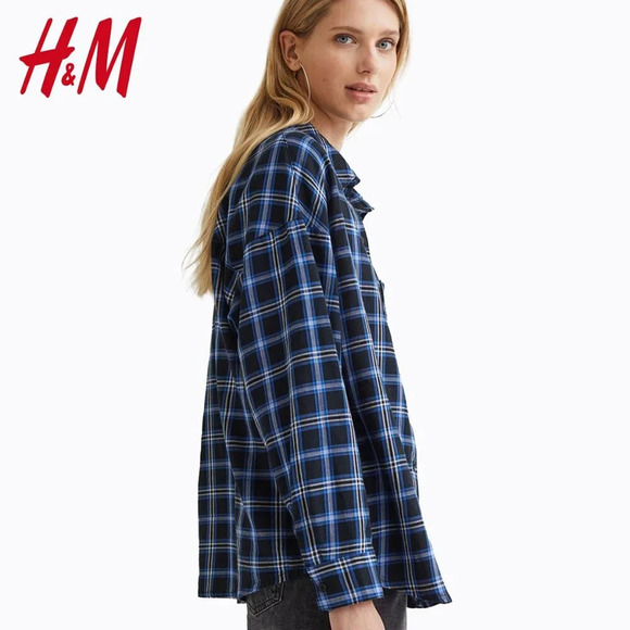 Divided Plaid Oversized Boyfriend Shirt SzXS/S Blue Black Button-Down 90s Grunge - Picture 7 of 7